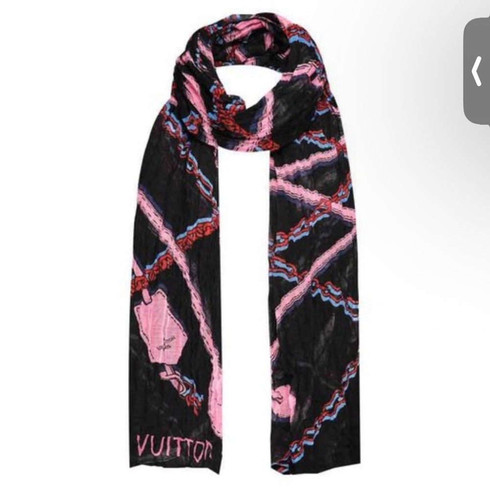 Louis Vuitton Pink & Black Logo Print Silk-Blend Scarf